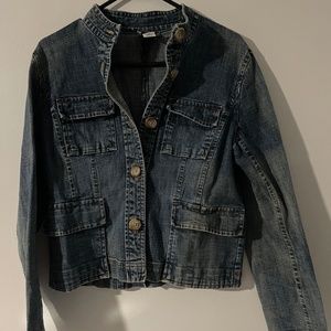 Ann Taylor Loft Blue Jean Classic Stretch Denim Jacket Distressed Pockets Sz 10